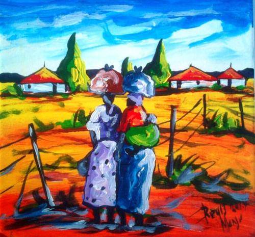 Beautiful acrylic painting by artist Regis Manja titled- Gossiping Friends