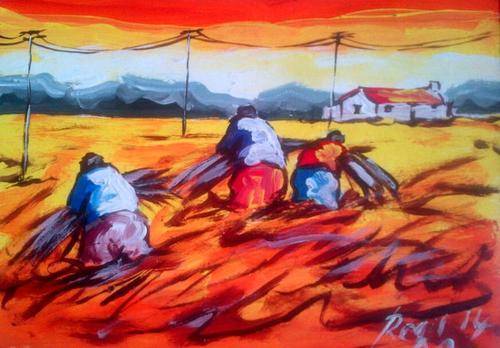 Beautiful acrylic painting by artist Regis Manja titled- Harvesting Free shipping