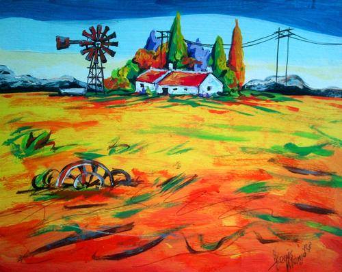Beautiful acrylic painting by artist Regis Manja titled- Farm Cottages III