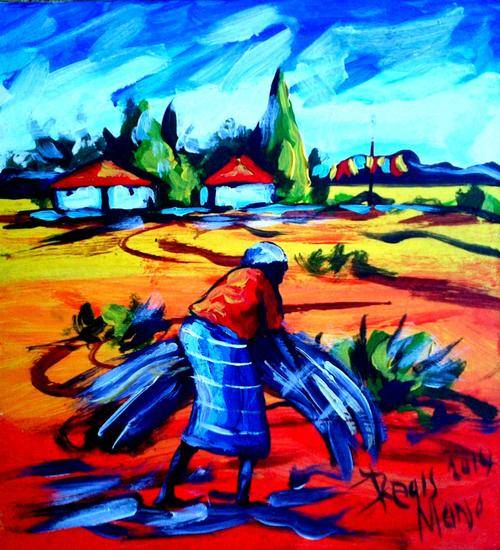 Beautiful acrylic painting by artist Regis Manja titled- Grandma working