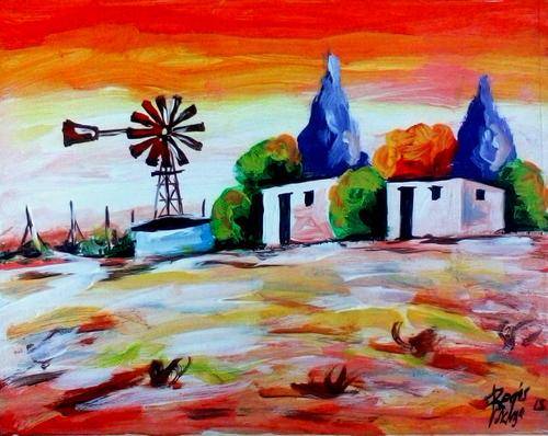 Beautiful acrylic painting by artist Regis Manja titled- Bethal farm in the Evening