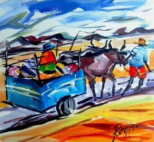 Larger than normal !!!!!!Beautiful acrylic painting by artist Regis Manja titled- Ox Wagon