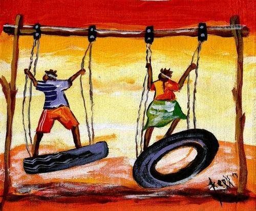 Beautiful acrylic painting by artist Regis Manja titled- Children playing II