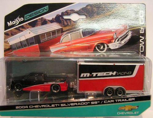 Maisto Diecast Model Car Tow & Go Chevy Chevrolet Silverado SS Pickup 2004 & Car Trailer 1/64 scale