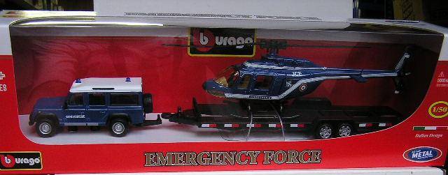 Bburago Diecast Model Car Police Land Rover Defender 110 + Trailer with Helicopter "Gendarmerie" 50