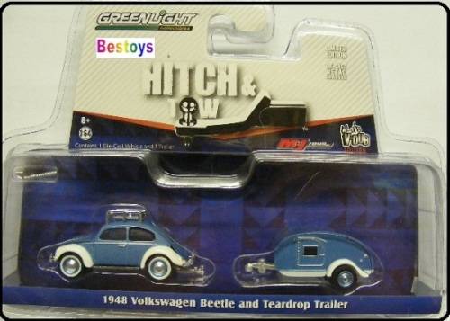 Greenlight Diecast Model Car Set Hitch & Tow VDub VW Volkswagen Beetle 1948 + Teardrop Trailer 1/64