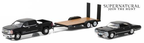 Greenlight Diecast Model Car Set Hollywood Hitch Chevy Silverado 2015 + Impala Sport Sedan 1967 Supe