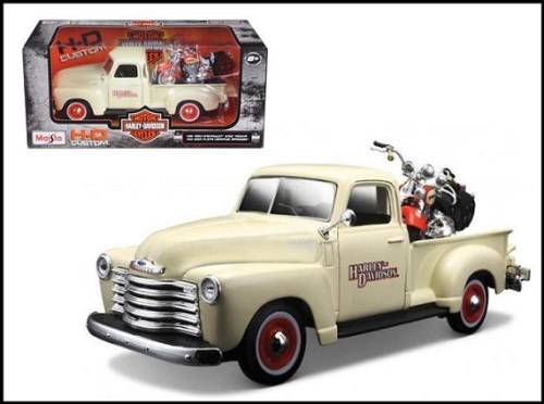 Maisto Diecast Model Car + Motorbike 32161 Chevy Chevrolet 3100 Pickup 1950 + Harley Davidson Herita