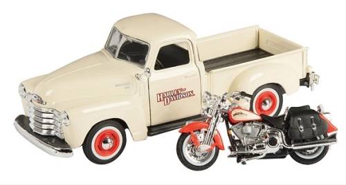 Maisto Diecast Model Car + Motorbike 32161 Chevy Chevrolet 3100 Pickup 1950 + Harley Davidson Herita