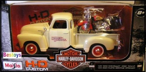 Maisto Diecast Model Car + Motorbike 32161 Chevy Chevrolet 3100 Pickup 1950 + Harley Davidson Herita