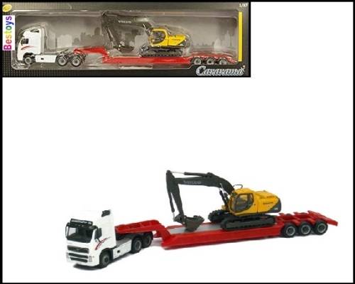 Cararama Hongwell Diecast Model Truck & Lowbed Trailer Volvo FH 12 FH12 + EC 210 Excavator Construct