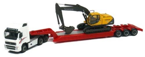 Cararama Hongwell Diecast Model Truck & Lowbed Trailer Volvo FH 12 FH12 + EC 210 Excavator Construct