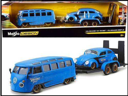 Maisto Diecast Model Car 32752 Design Transport VW Volkswagen Kombi Bus + Beetle + Trailer 1/24 scal