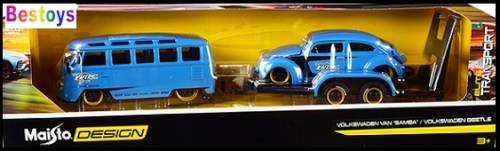 Maisto Diecast Model Car 32752 Design Transport VW Volkswagen Kombi Bus + Beetle + Trailer 1/24 scal