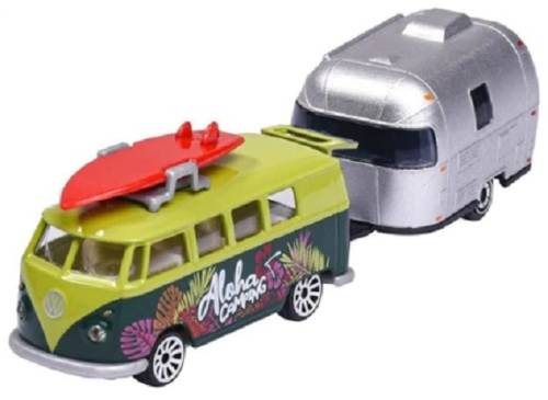 Majorette Diecast Model Car 2 pk VW Volkswagen Kombi T 1 T1Bus + Surfboard & Eriba Puck Caravan 1/64