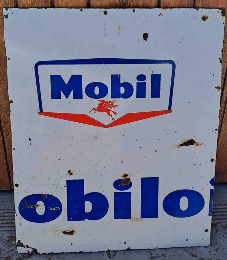 Double sided vintage enamel Mobil sign.