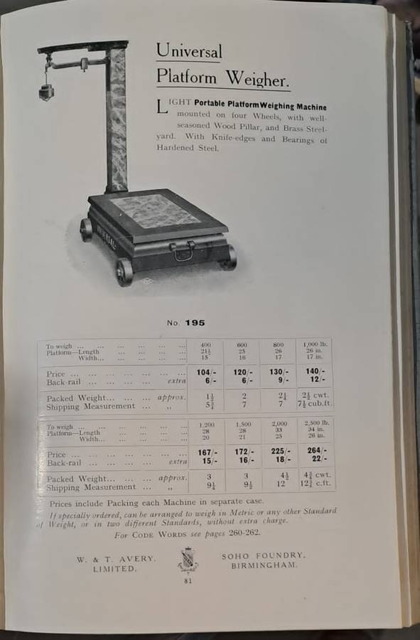 W & T Avery Ltd. Weighing Apparattus - 1909