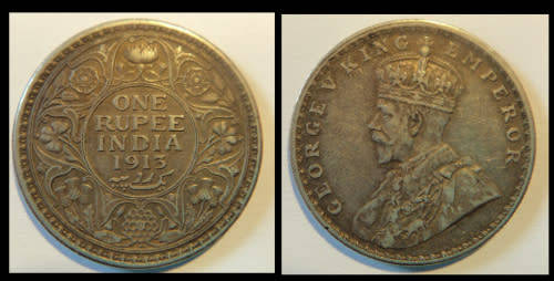 1913 Indian One Rupee Silver Coin - Top Grade -108 Years Old - Scarce in Higher Grades