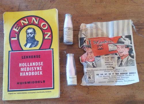Vintage - Lennons Dutch Medicine Book in Afr and Eng & 2 glass bottles with Lennons Bezoard powder