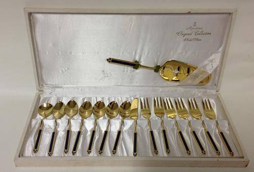 Complete Set of teaspoons, forks, cake lifter,  knife & sugar spoon, 24k GOLD Plated, enamel handles