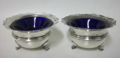 99 YRS Old! Silver (Birmingham 1919) Salt and Pepper Pots, with org. Blue Glass liners