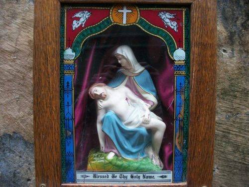 c1909 - Antique Holy Name Altar and Sick Call Outfit -Wood, Glass, Metal, Chalkware 59cm tall, 4.5kg