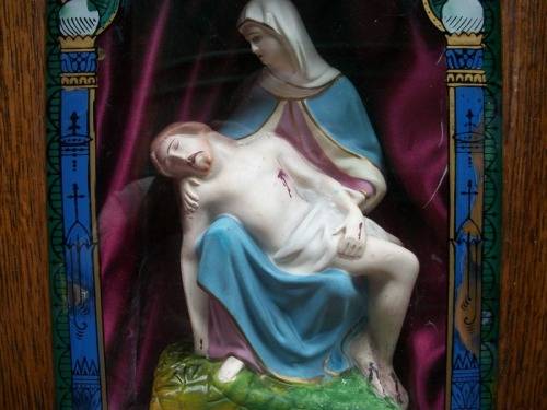 c1909 - Antique Holy Name Altar and Sick Call Outfit -Wood, Glass, Metal, Chalkware 59cm tall, 4.5kg