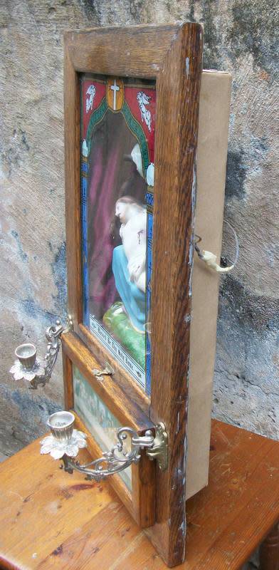 c1909 - Antique Holy Name Altar and Sick Call Outfit -Wood, Glass, Metal, Chalkware 59cm tall, 4.5kg