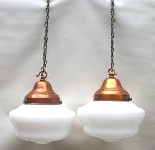 2 Brass and Glass Hanging Lights - Excellent Condition! 29cm high, 24cm diameter