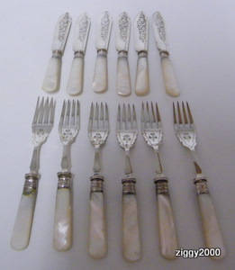 Antique 12 Piece Fish Set with Hallmarked Silver Collars (Sheffield 1901) Engraved Blades! Lovely!!!