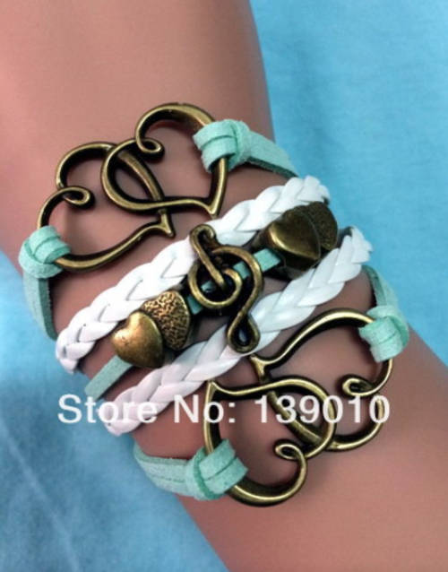 Antique Brass White Leather Heart Music Note Bracelet !!
