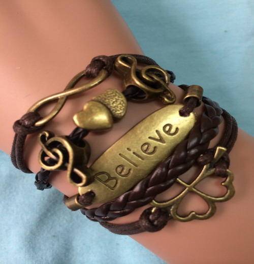 Retro Alloy Leather Cord Wide Clover Music Heart Believe Infinity Cuff Bracelet !!