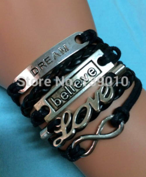 Antique Silver Dream Believe LOVE Infinity Charm Black Leather Rope Bracelet !!