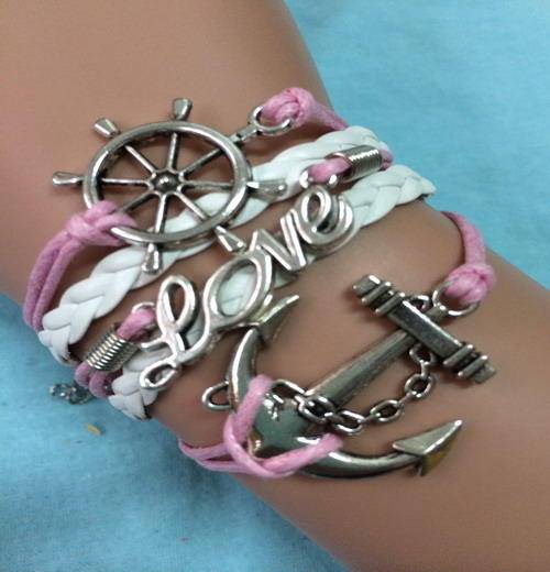 Hand-Knitted Pink White Leather Rope Anchor Rudder/LOVE Bracelet !!