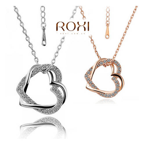 ROXI Double Heart Pendant Crystal Necklace 18ct Gold-plated / 18ct Silver-plated.