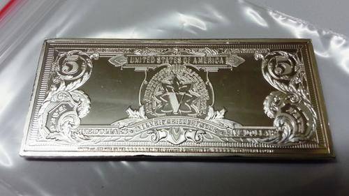 SILVER BEAUTY! 5 DOLLAR BULLION BAR - PLATED (USA) - NEW! (WEIGHT 33g).