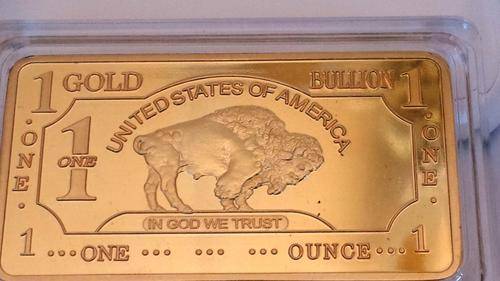 1 TROY OUNCE .999 FINE GOLD CLAD BUFFALO BAR - ENCAPSULATED.
