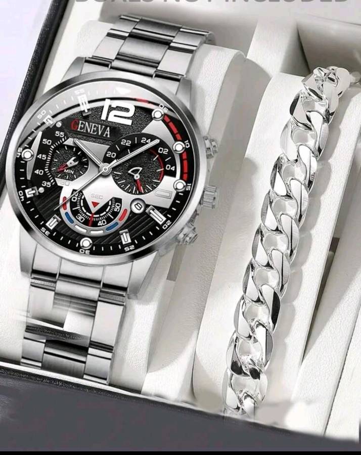 2pcs Luxury Men`s Bracelet Watch Set, Men`s Fashionable Calendar Business Stainless Steel Strap Quar