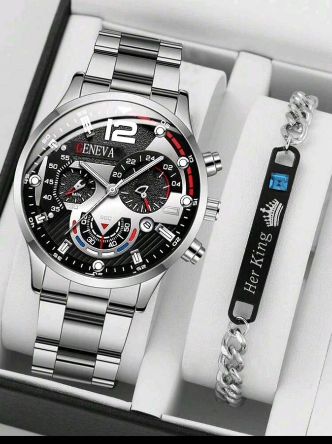 2pcs Luxury Men`s Bracelet Watch Set, Men`s Fashionable Calendar Business Stainless Steel Strap Quar