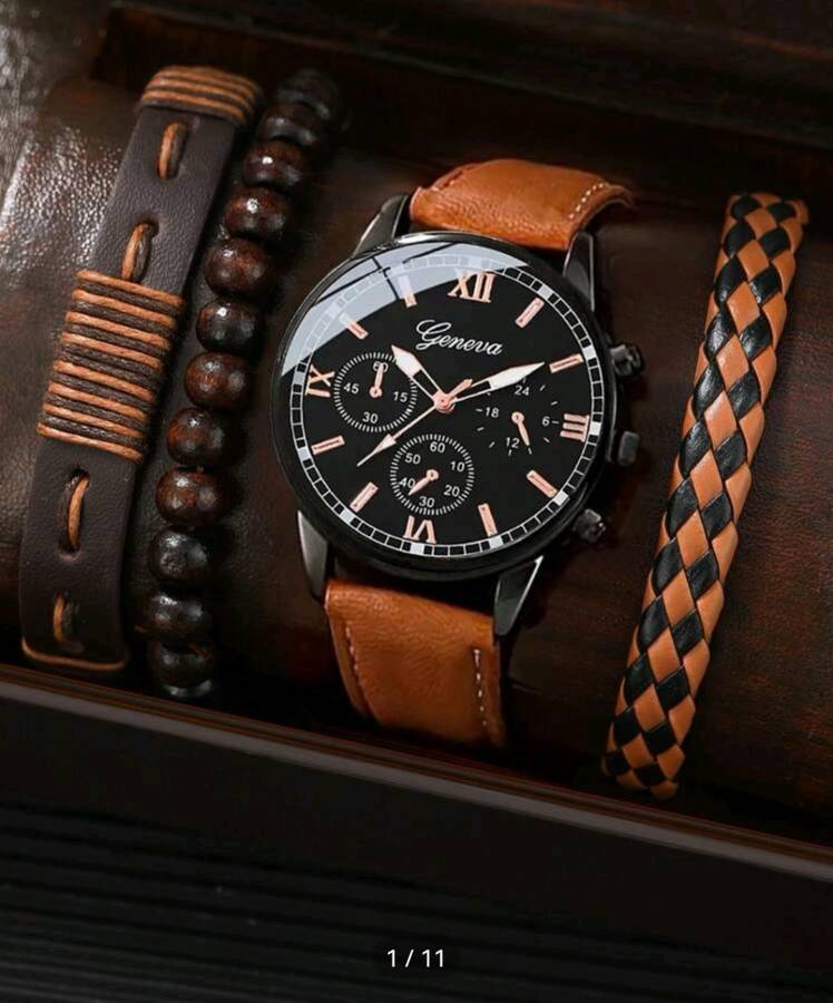 Wow amazing luxurious luxurious Men`s leather band Quartz Watch set
