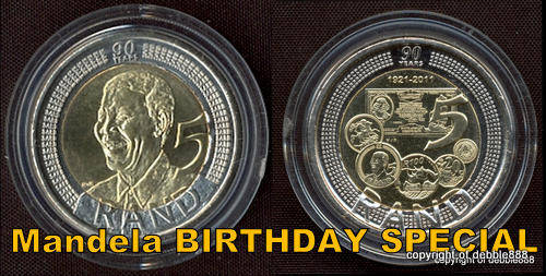 COMBO SET !!! Mandela 90th Birthday + SARB 90th ANNIVERSARY Uncirculated R5's** !!! ENCAPSULATED !!!