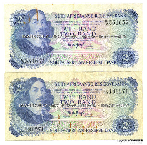 TW de JONGH - 2 x TWO RANDS - 1974 - SECOND ISSUE - A/E (prefix D17/D20) - BID PER NOTE
