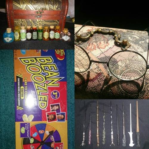 HARRY POTTER COLLECTION SET OF 9 WANDS + HARRY'S SPECTACLE GLASSES + 20 POTIONS + TRUNK + BEANS
