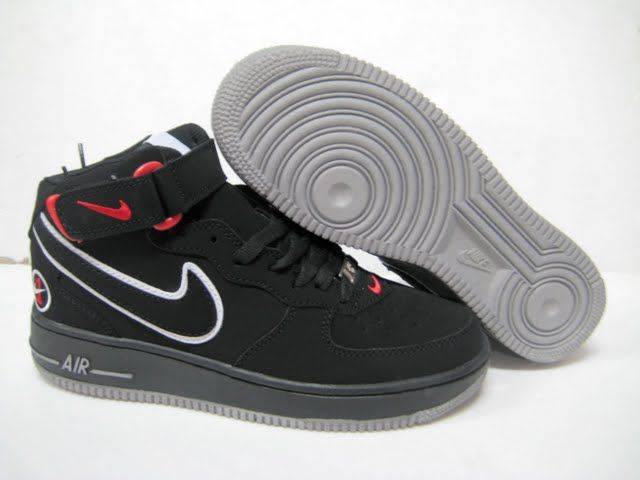 NIKE AIRFORCE ONE MIDS (AF1) BLACK & SMOKE WHITE & RED SIZE 8.5