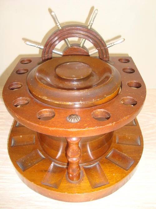 vintage 10 Smoking pipe WOODEN RACK with tabacco HUMIDOR  - lovely old piece with ships wheel