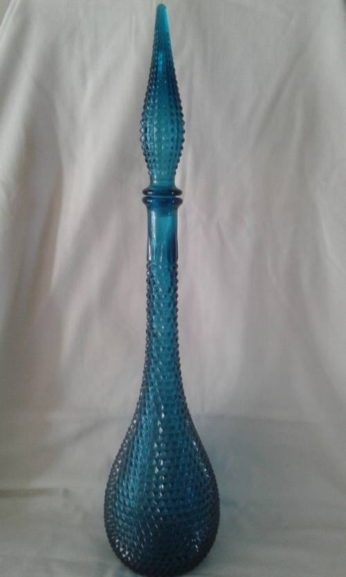 vintage Italian HOBNAIL/DIAMOND BLUE GREEN GENIE BOTTLE - stamped made Italy