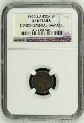 # NGC GRADED # 1896 # S AFRICA ( ZAR ) 3 pence (3p) # X F DETAILS #ENVIROMENTAL DAMAGE