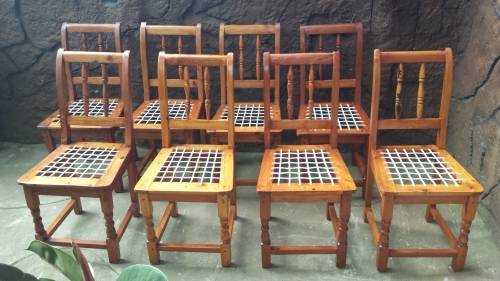 Set of 8 beautiful old oregan riempie chairs.