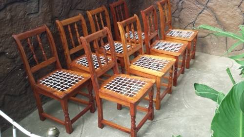 Set of 8 beautiful old oregan riempie chairs.