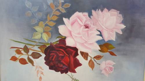 Beautiful pink & red roses oil painting.